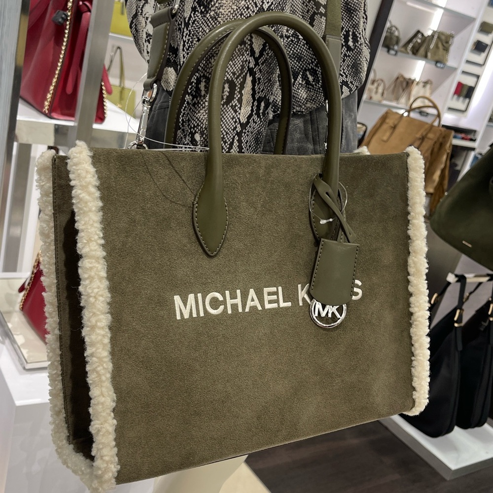MICHAEL KORS Mirella Medium Suede and Faux Shearling Tote Bag
Olive 
NWT - Picture 5 of 16